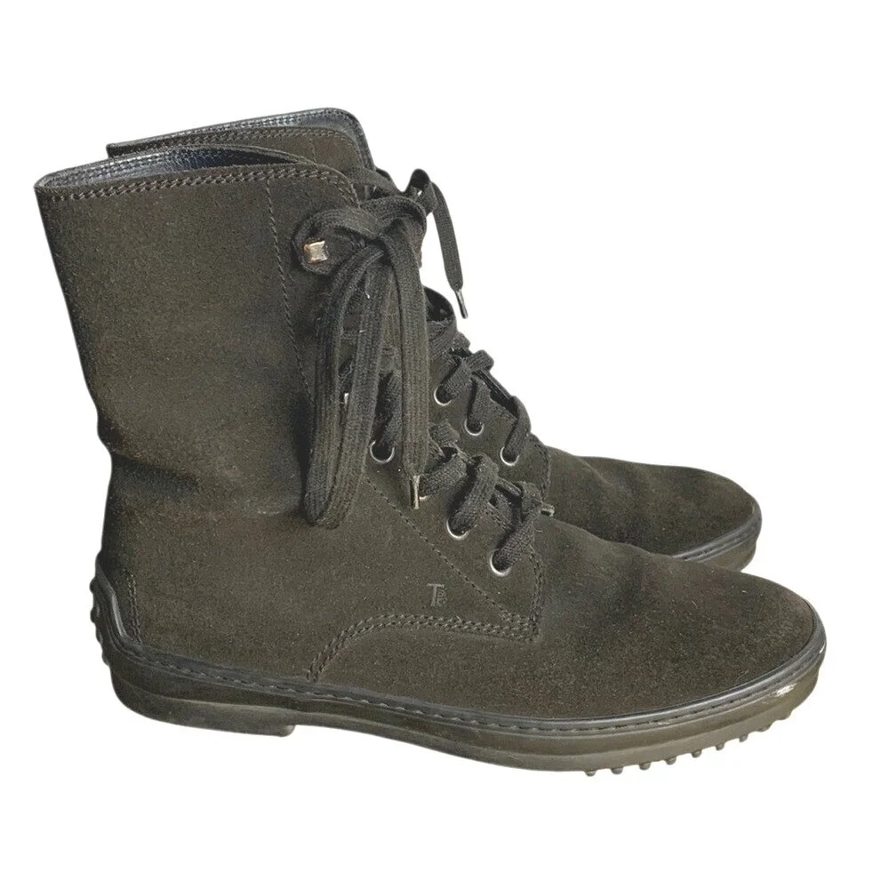 Tod's Lace Up Combat Ankle Boots Womens 7 Brown Suede Leather Italy Luxury